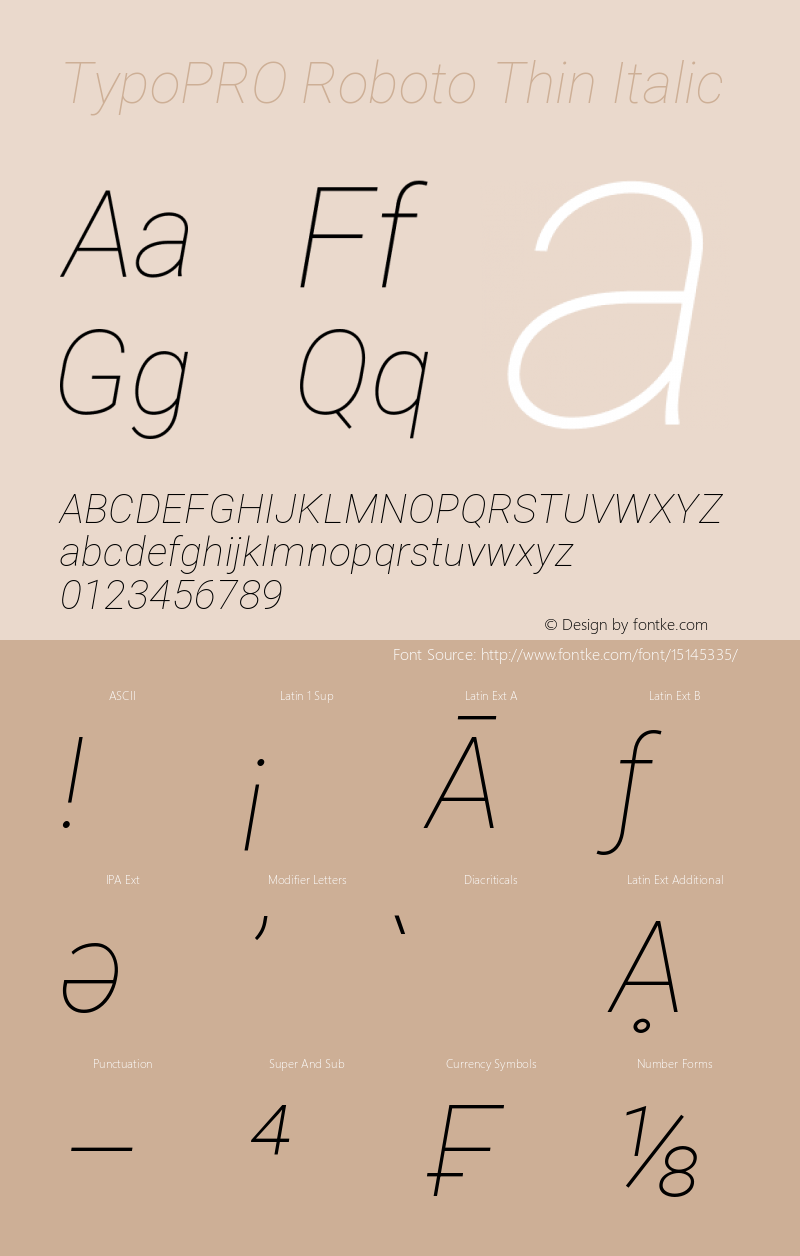 TypoPRO Roboto Thin Italic Version 2.000980; 2014 Font Sample