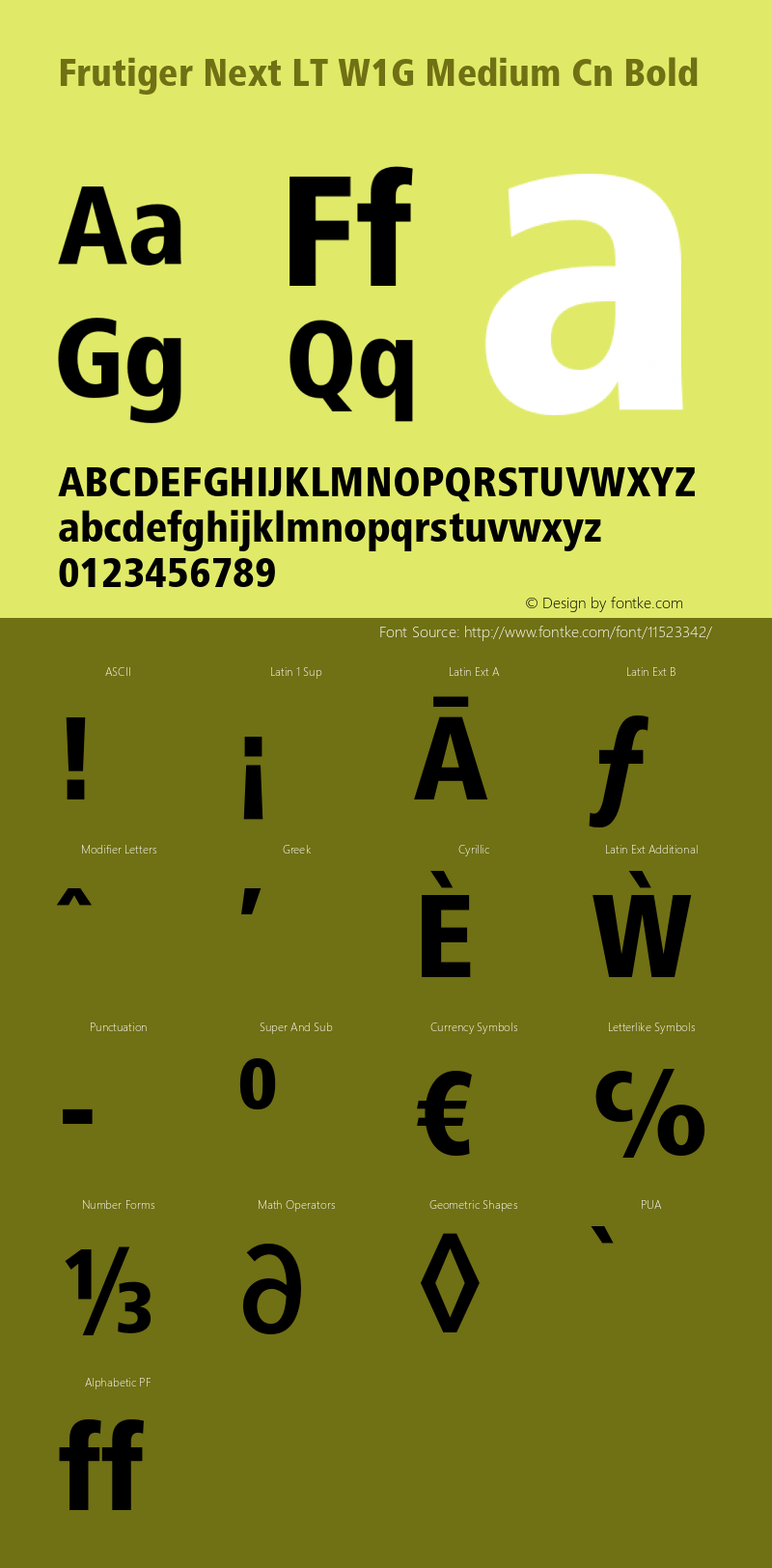 Frutiger Next LT W1G Medium Cn Bold Version 1.00 Font Sample