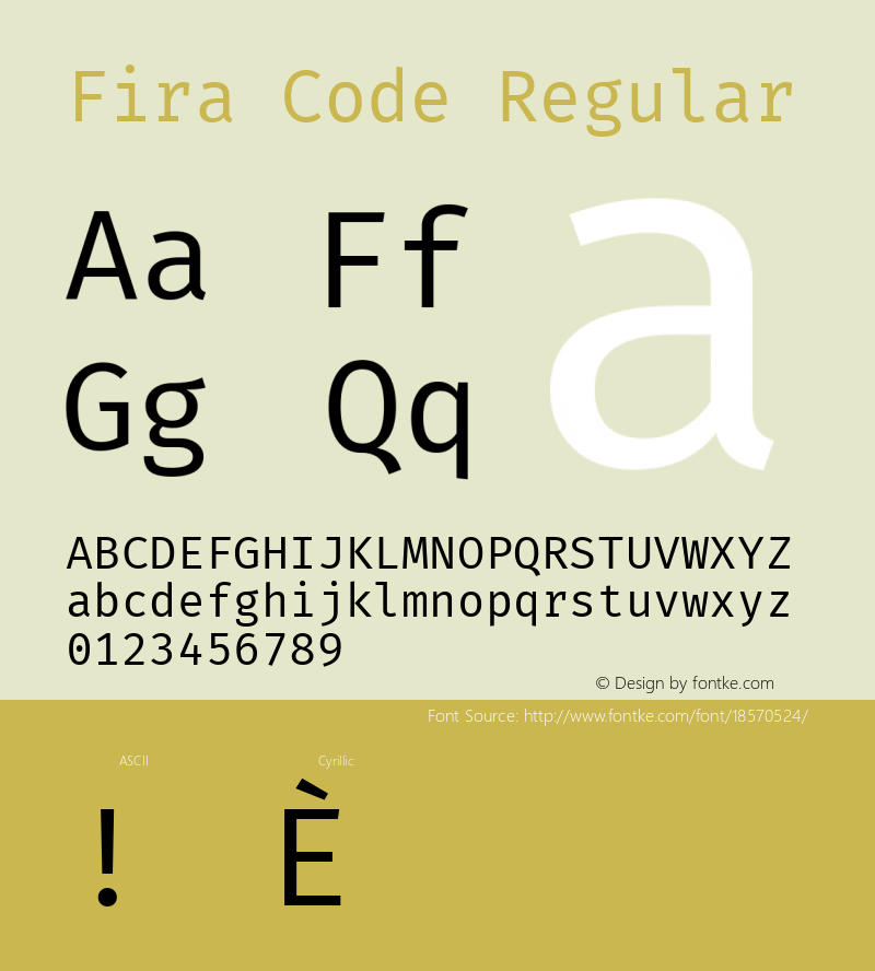 Fira Code Regular Version 3.206;PS 003.206;hotconv 1.0.88;makeotf.lib2.5.64775; ttfautohint (v1.4.1) Font Sample