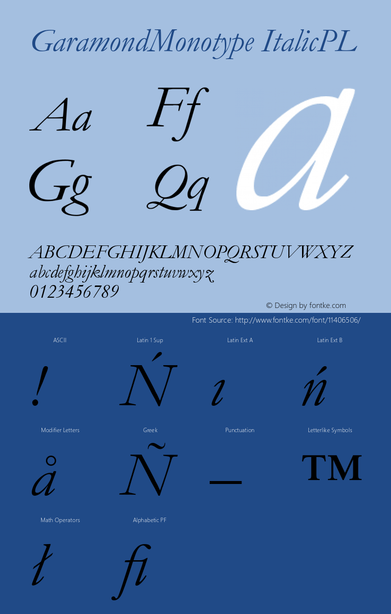 GaramondMonotype ItalicPL Version 001.000 Font Sample