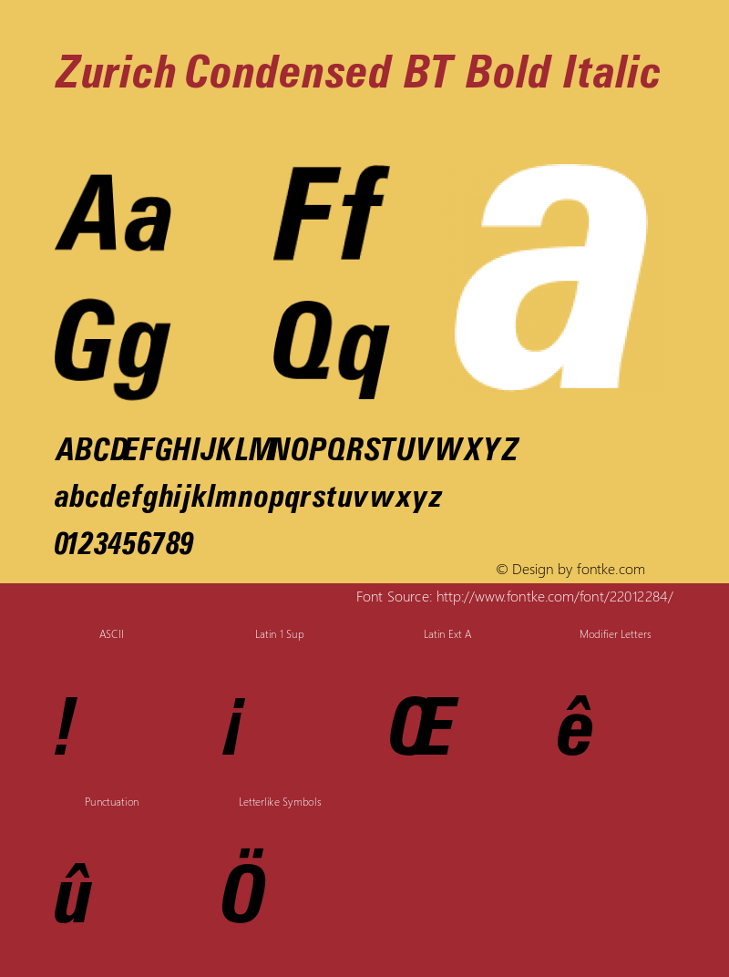 Zurich Condensed BT Bold Italic V1.00 Font Sample