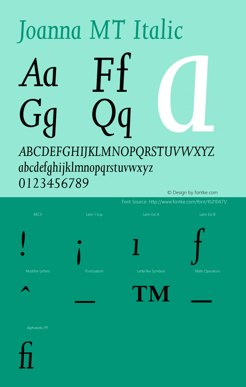 Joanna MT Italic 001.000 Font Sample