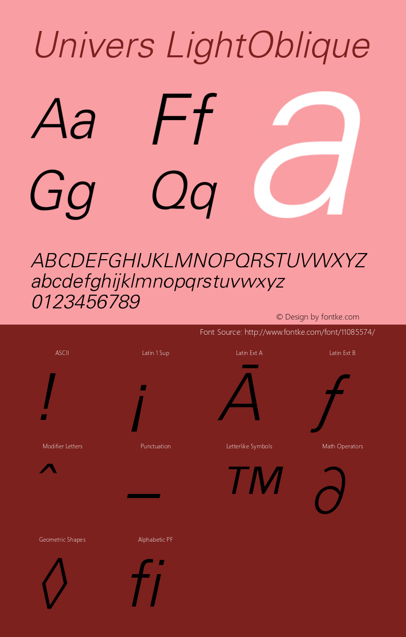 Univers LightOblique Version 001.000 Font Sample