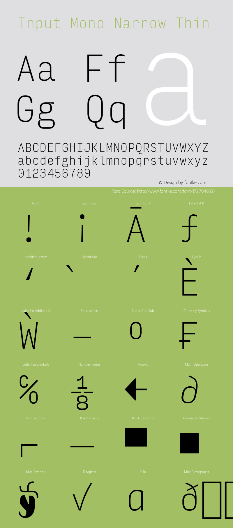 InputMonoNarrow Thin Version 0.000;PS 0.0;hotconv 1.0.72;makeotf.lib2.5.5900; ttfautohint (v0.9)图片样张