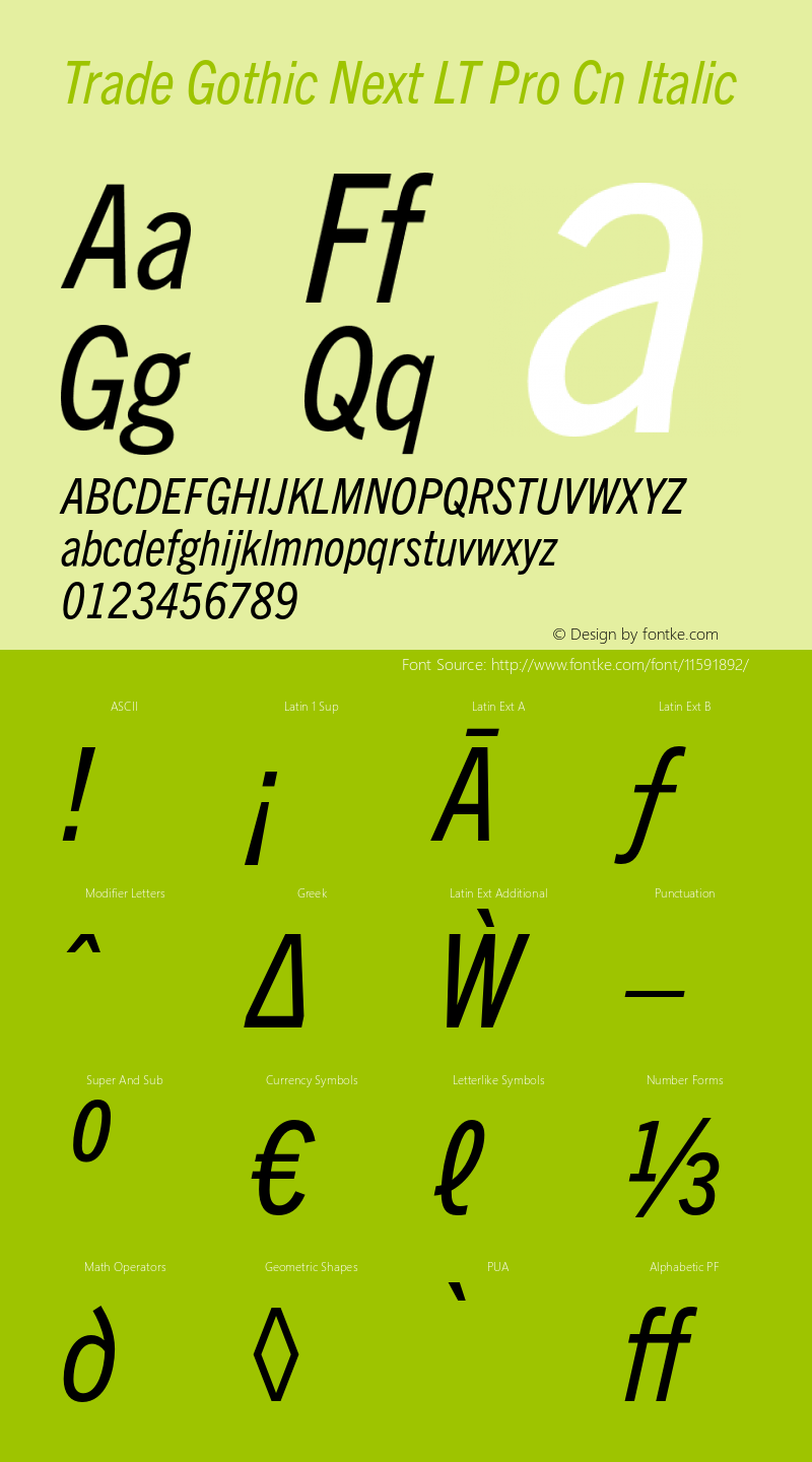 Trade Gothic Next LT Pro Cn Italic Version 2.00 Font Sample