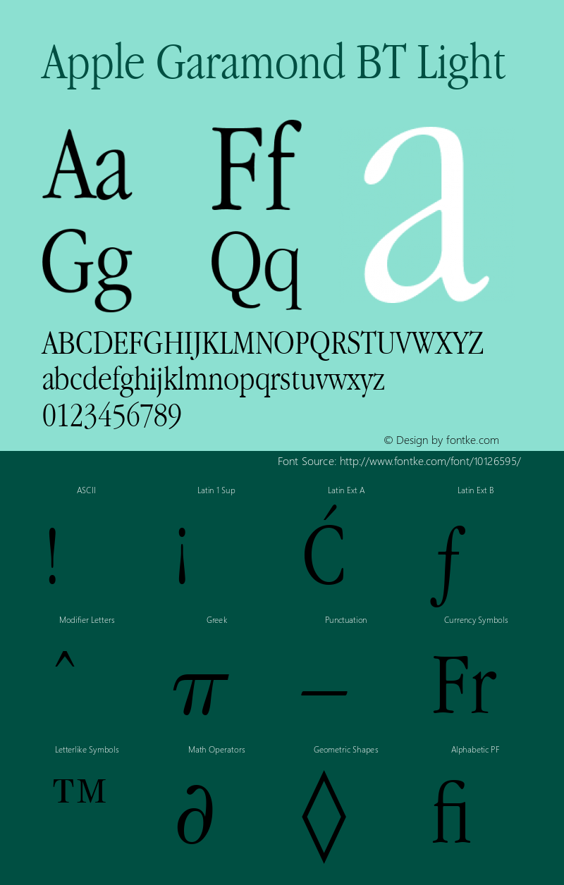 Apple Garamond BT Light 3.7d1 Font Sample