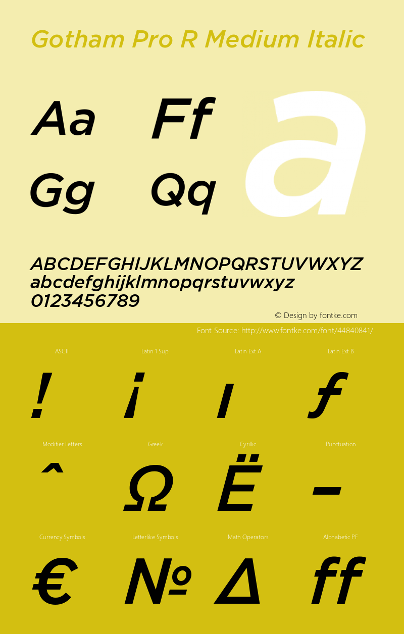 GothamProRMediumItalic Version 1.001 Font Sample