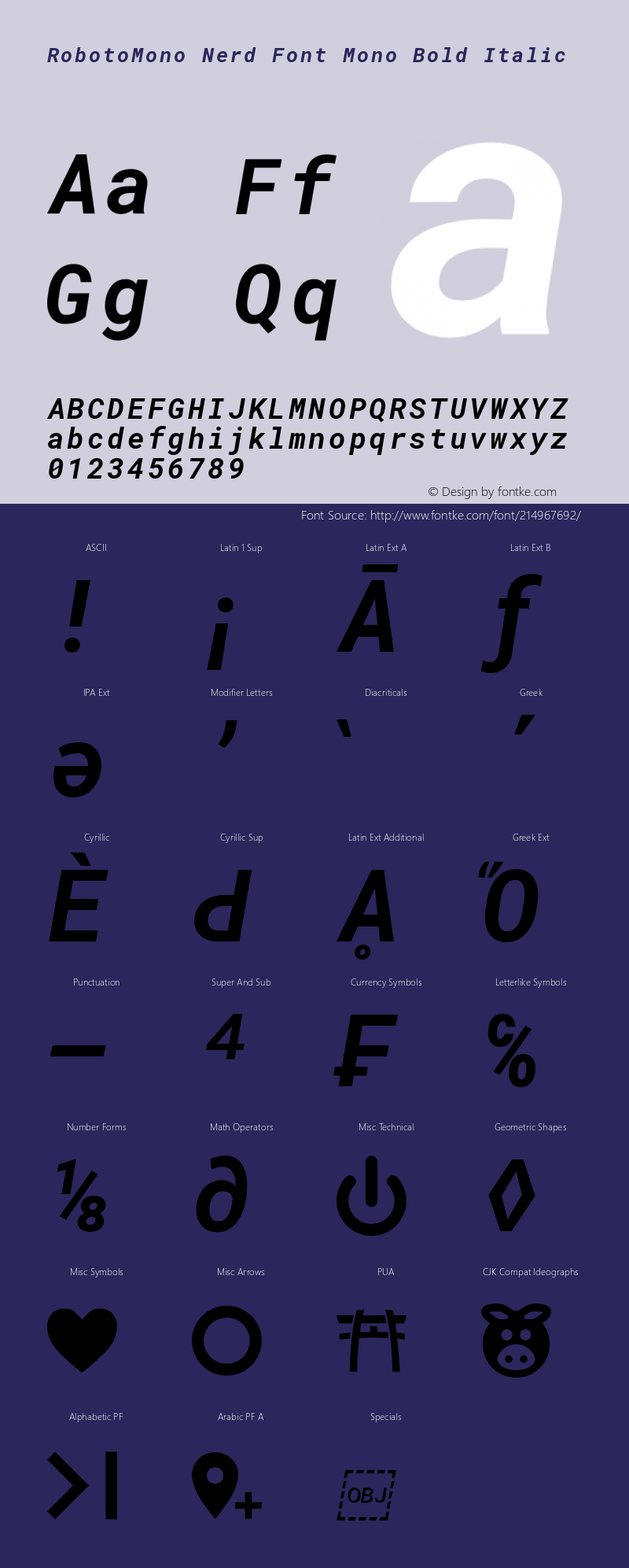 Roboto Mono Bold Italic Nerd Font Complete Mono Version 2.000986; 2015; ttfautohint (v1.3);Nerd Fonts 2.1.0图片样张