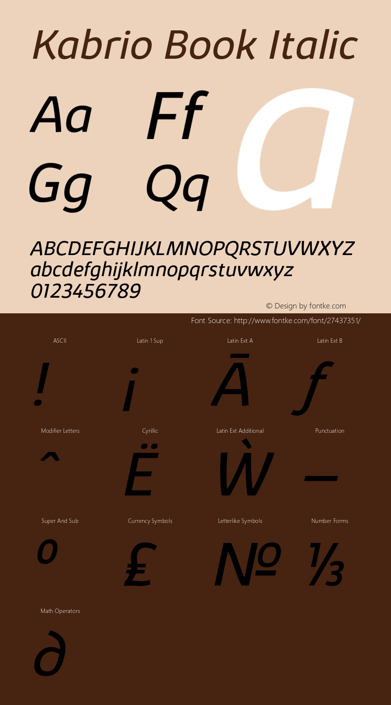 Kabrio-BookItalic Version 1.000 Font Sample