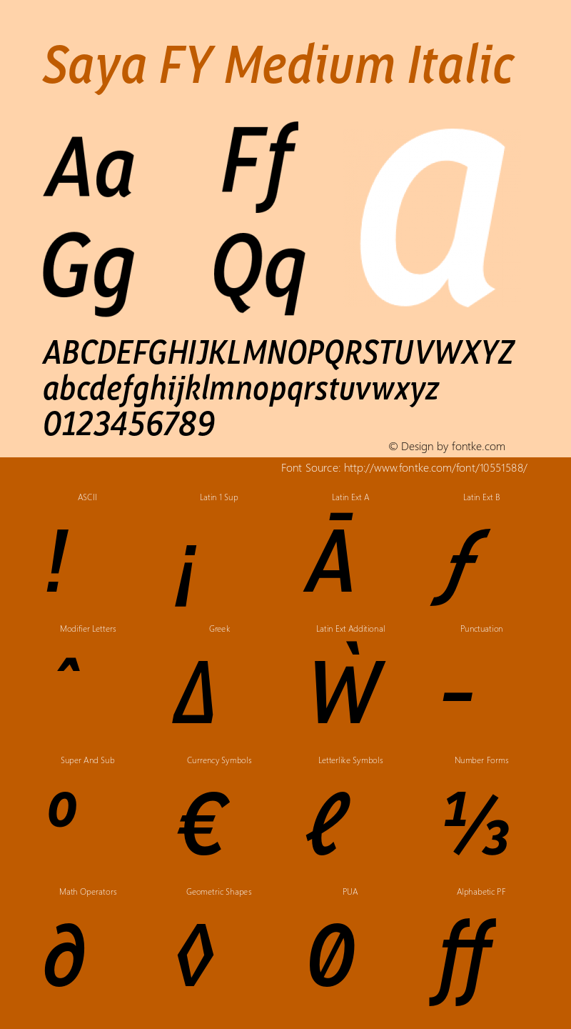 Saya FY Medium Italic Version 1.001 Font Sample