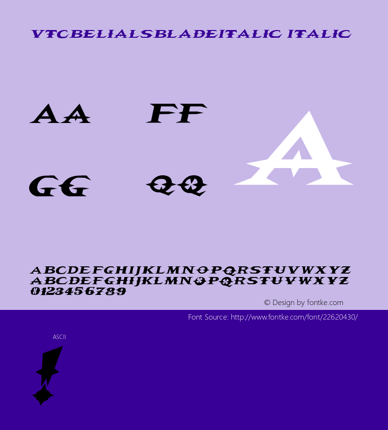 VTCBelialsBladeItalic 1999; 1.0, initial release Font Sample