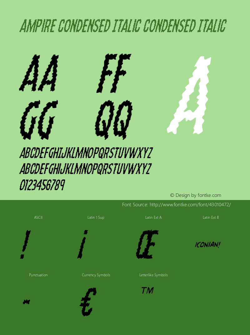 Ampire Condensed Italic Version 1.0; 2019 Font Sample