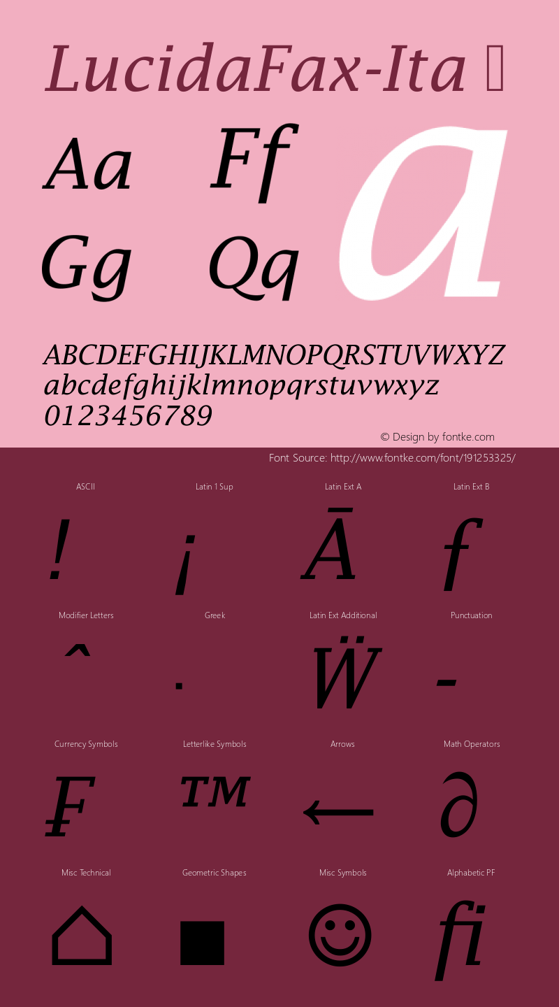 ☞LucidaFax Italic Version 1.10;com.myfonts.urw.lucida-fax-t.italic.wfkit2.3q1g图片样张