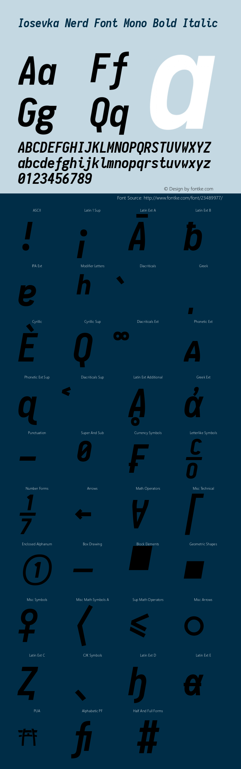 Iosevka Bold Italic Nerd Font Complete Mono 1.8.4; ttfautohint (v1.5) Font Sample