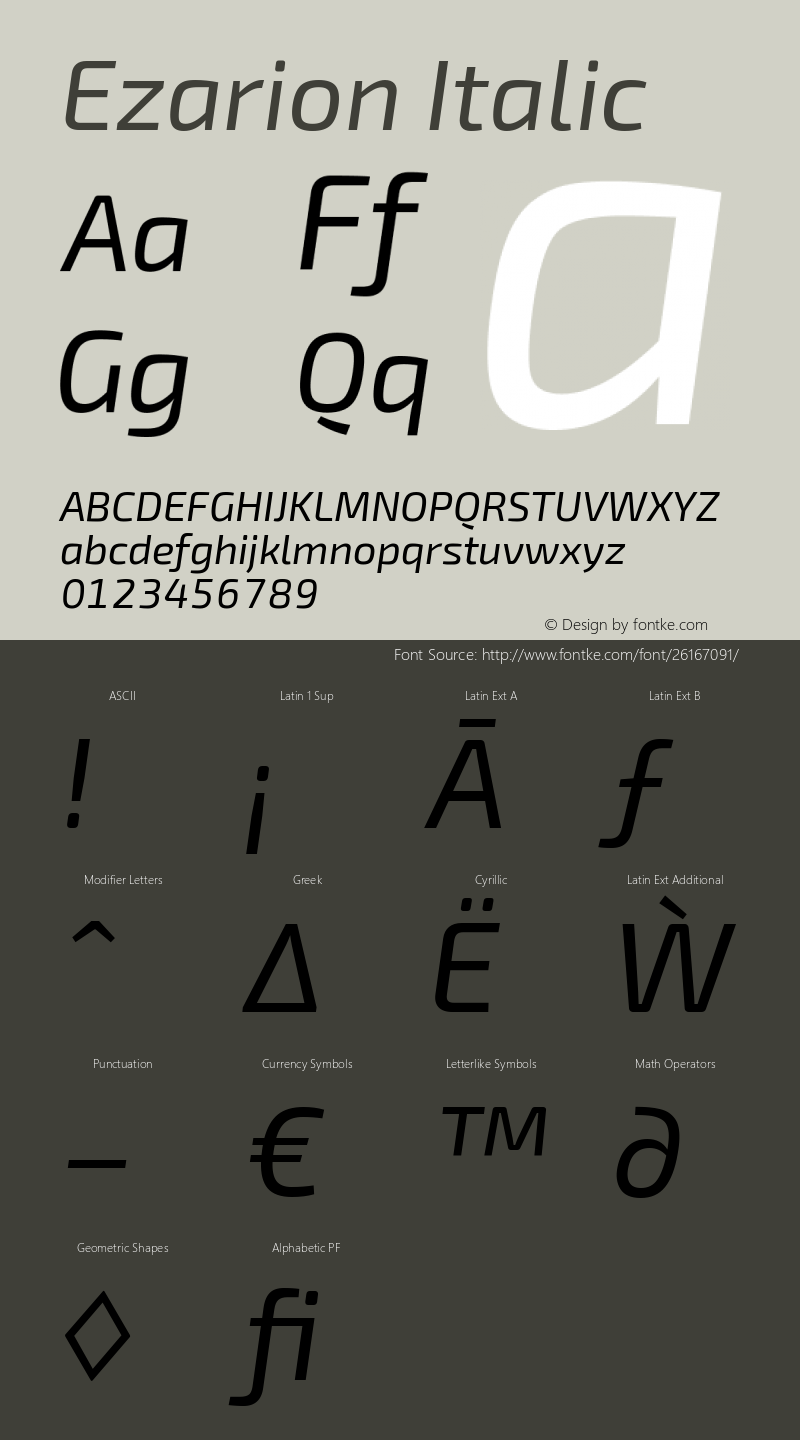 Ezarion Italic Version 1.001;PS 001.001;hotconv 1.0.70;makeotf.lib2.5.58329; ttfautohint (v1.8.1) Font Sample