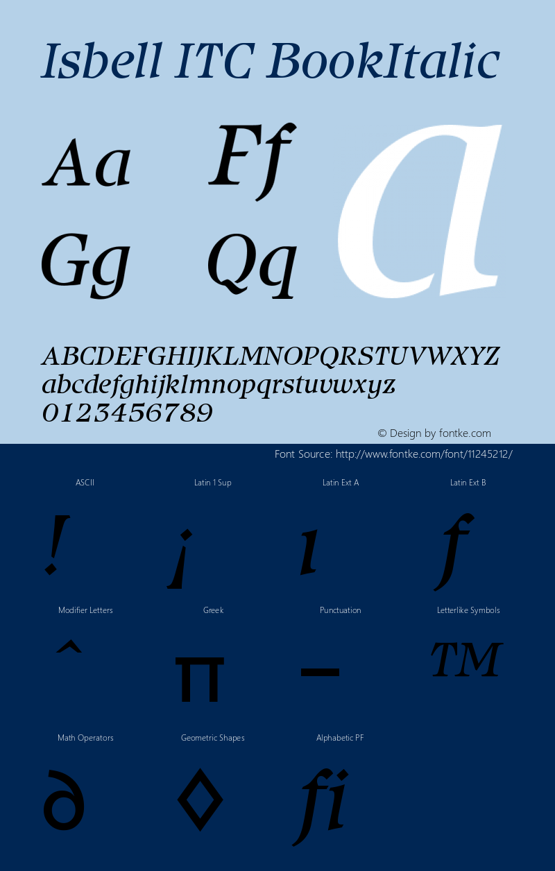 Isbell ITC BookItalic Version 001.000 Font Sample