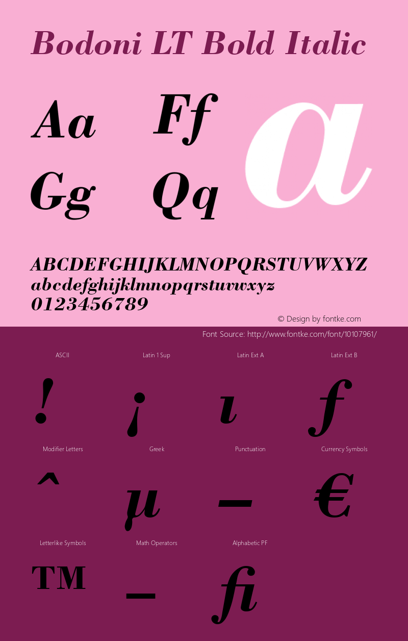 Bodoni LT Bold Italic Version 6.1; 2002 Font Sample