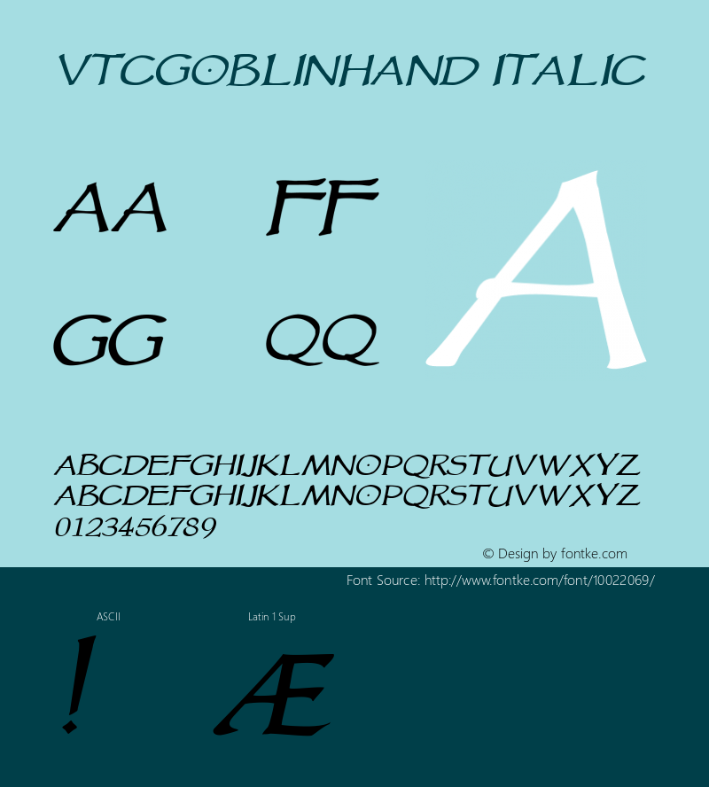 VTCGoblinHand Italic 1999; 1.0, initial release Font Sample