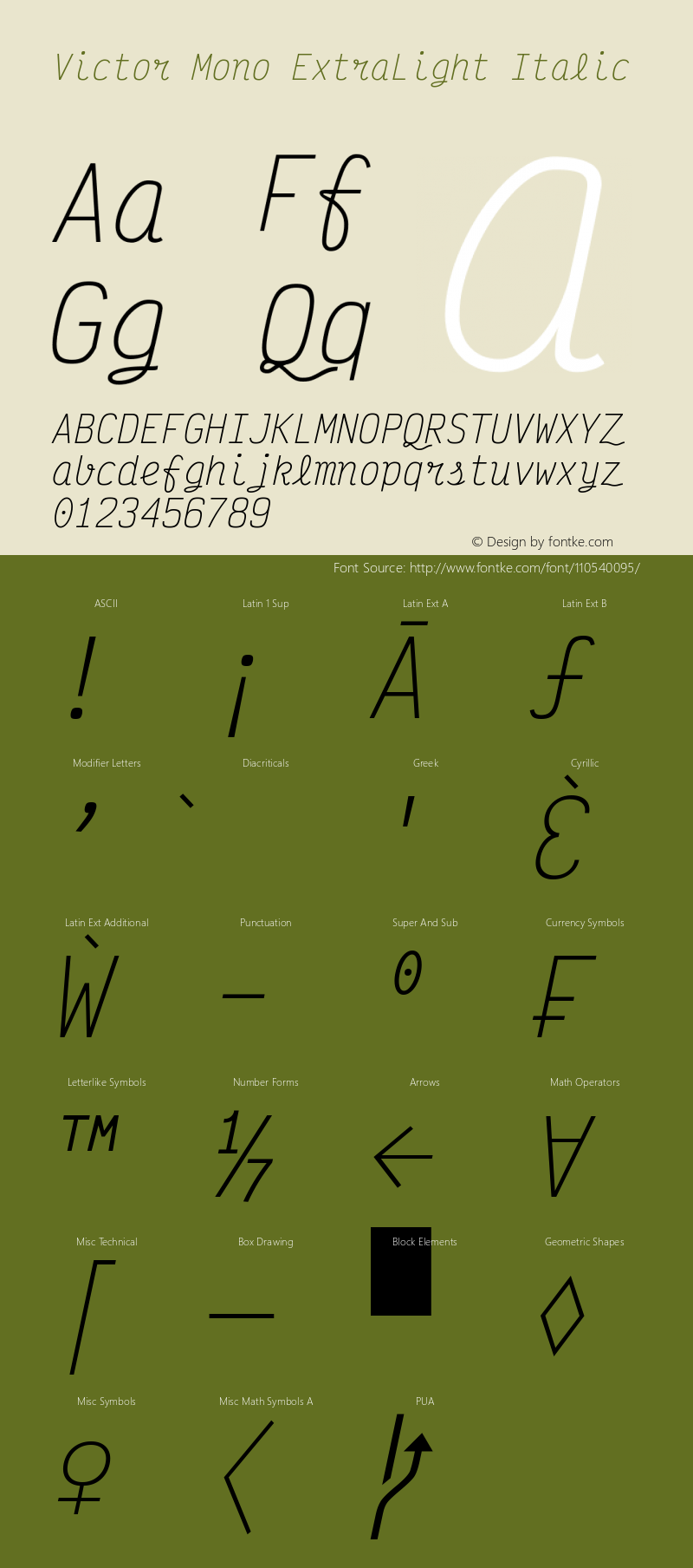 Victor Mono ExtraLight Italic Version 1.410 Font Sample