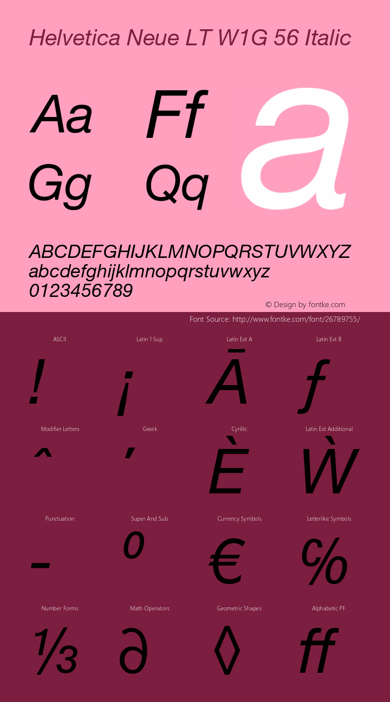 Helvetica Neue LT W1G 56 Italic Version 4.00 Build 1000 Font Sample