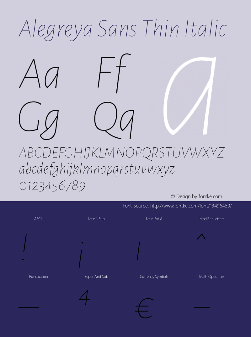 Alegreya Sans Thin Italic Version 1.000;PS 001.000;hotconv 1.0.70;makeotf.lib2.5.58329 DEVELOPMENT; ttfautohint (v0.97) -l 8 -r 50 -G 200 -x 17 -f dflt -w G -W Font Sample