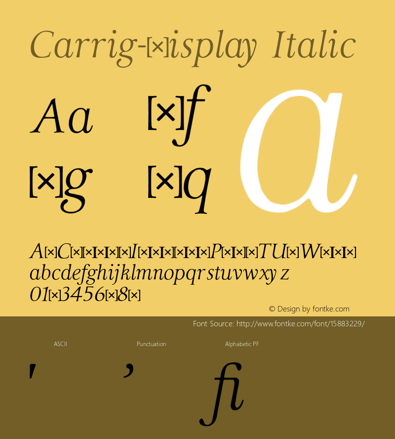 Carrig-Display Italic Version 1.000;PS 002.000;hotconv 1.0.70;makeotf.lib2.5.58329;com.myfonts.easy.paulo-goode.carrig.display-italic.wfkit2.version.4t9D Font Sample