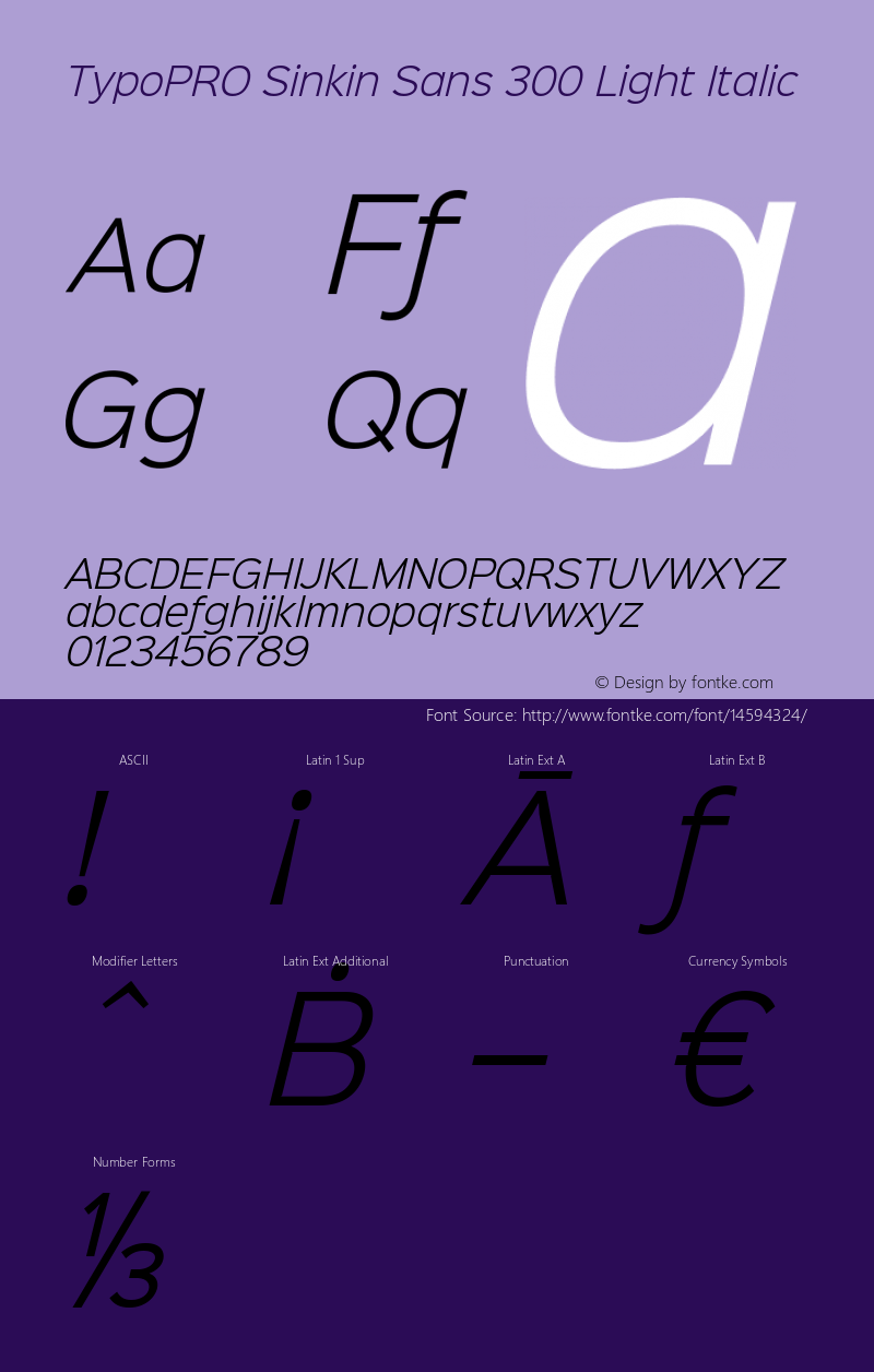 TypoPRO Sinkin Sans 300 Light Italic Sinkin Sans (version 1.0)  by Keith Bates   •   © 2014   www.k-type.com Font Sample