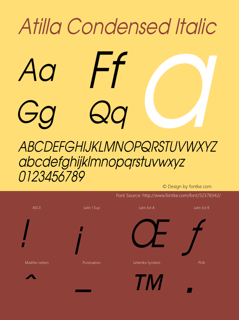 AtillaCondensedItalic Altsys Fontographer 4.1 1/27/95 {DfLp-URBC-66E7-7FBL-FXFA} Font Sample