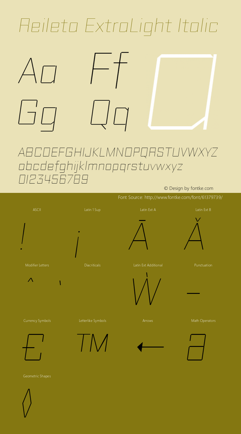 Reileta-ExtraLightItalic Version 1.000;PS 001.000;hotconv 1.0.70;makeotf.lib2.5.58329 Font Sample