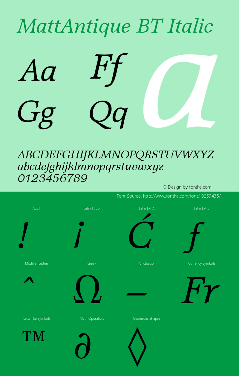 MattAntique BT Italic mfgpctt-v1.57 Tuesday, February 23, 1993 10:33:02 am (EST) Font Sample