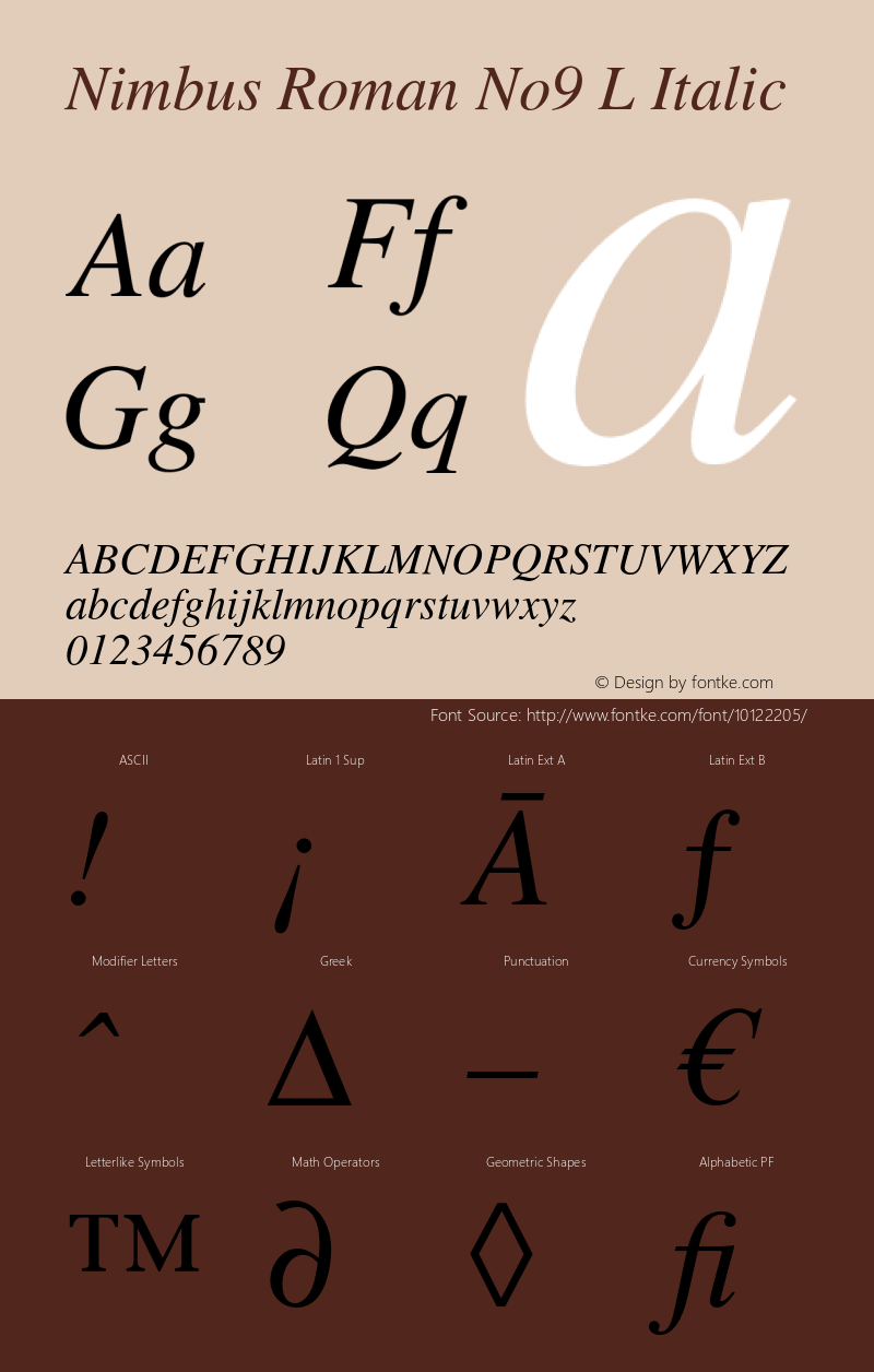 Nimbus Roman No9 L Italic Version 1.500;PS 1.05;Core 1.0.38 Font Sample