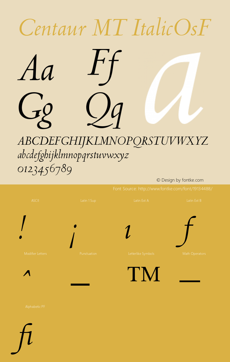 Centaur MT Italic Oldstyle Figures Version 001.000 Font Sample