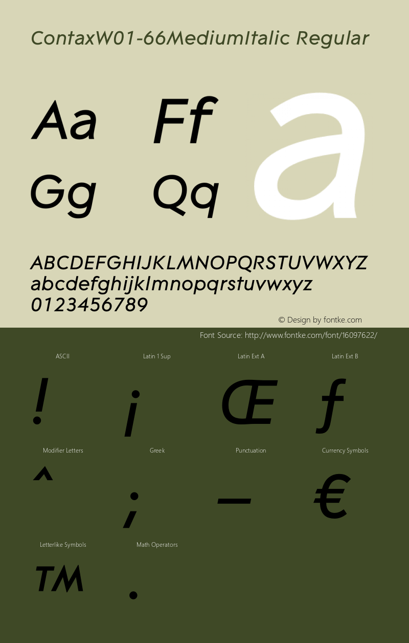 ContaxW01-66MediumItalic Regular Version 1.00 Font Sample