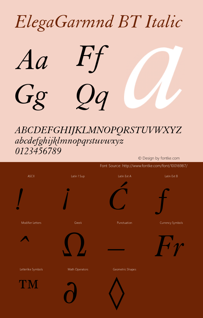 ElegaGarmnd BT Italic mfgpctt-v4.4 Dec 7 1998 Font Sample