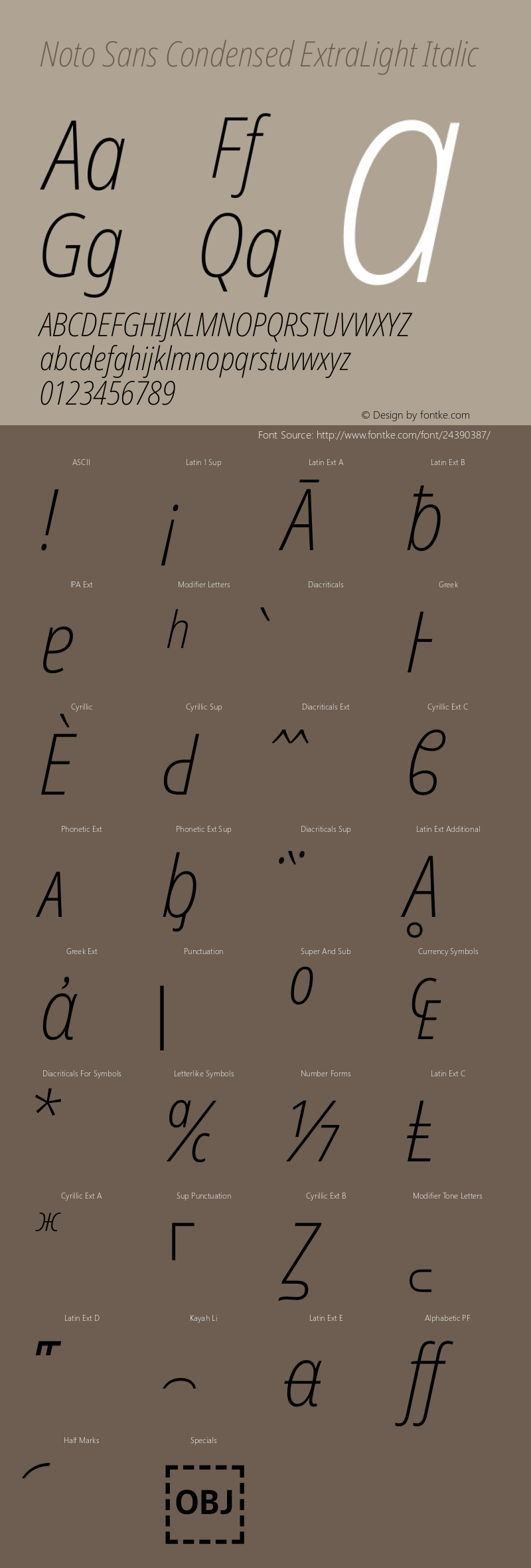 Noto Sans Condensed ExtraLight Italic Version 2.000 Font Sample