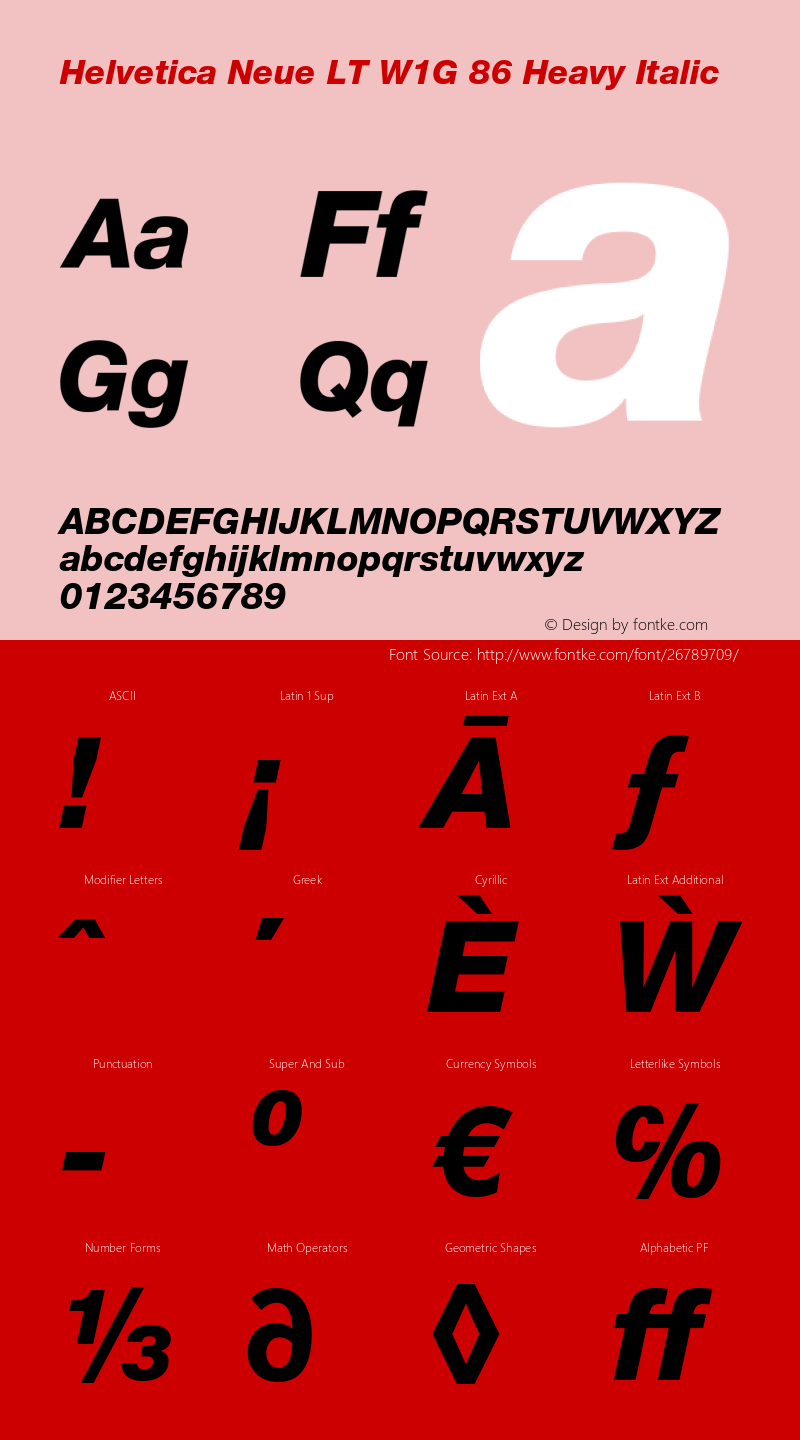 Helvetica Neue LT W1G 86 Heavy Italic Version 4.00 Build 1000 Font Sample