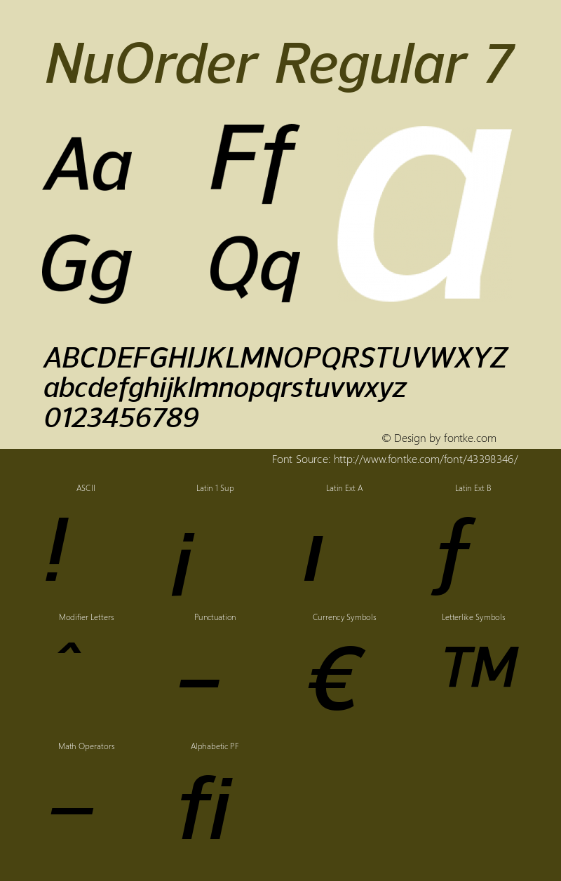 NuOrder Regular 7 Version 1.001;PS 001.001;hotconv 1.0.56;makeotf.lib2.0.21325;com.myfonts.easy.northernblock.nu-order.demibold-italic.wfkit2.version.3NMR Font Sample