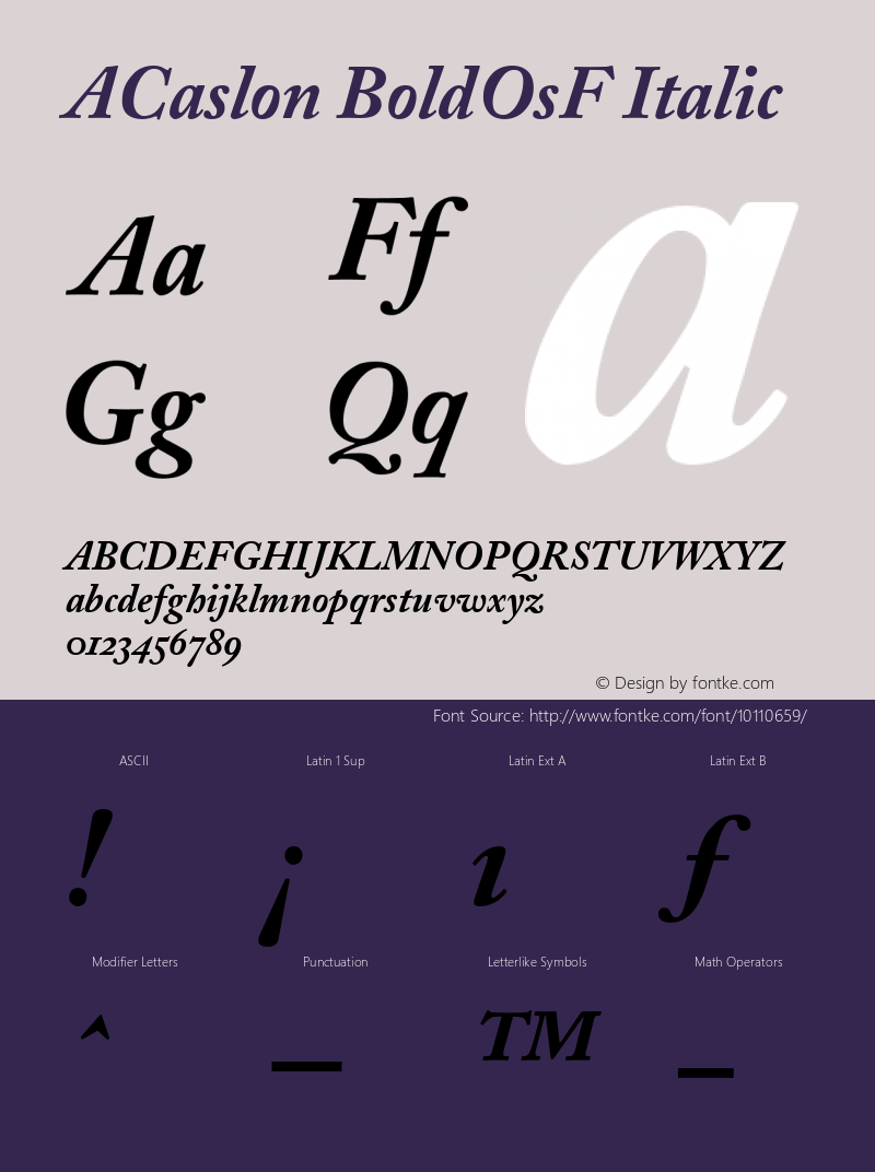 ACaslon BoldOsF Italic V.1.0 Font Sample