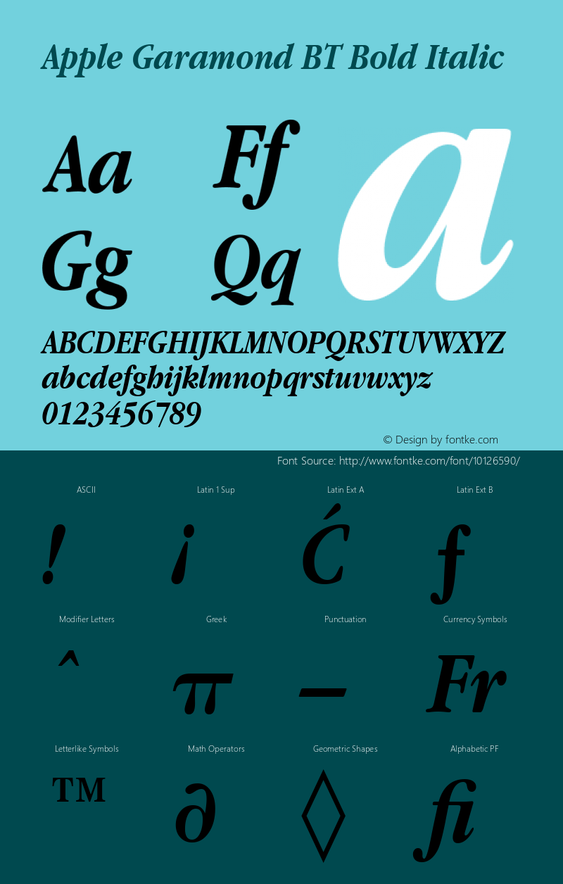 Apple Garamond BT Bold Italic 3.7d1 Font Sample