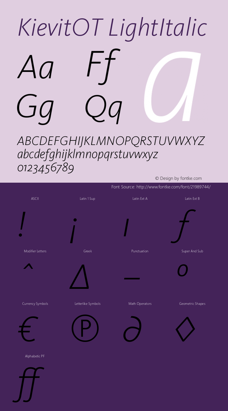 KievitOT-LightItalic Version 7.460;PS 7.046;hotconv 1.0.38 Font Sample