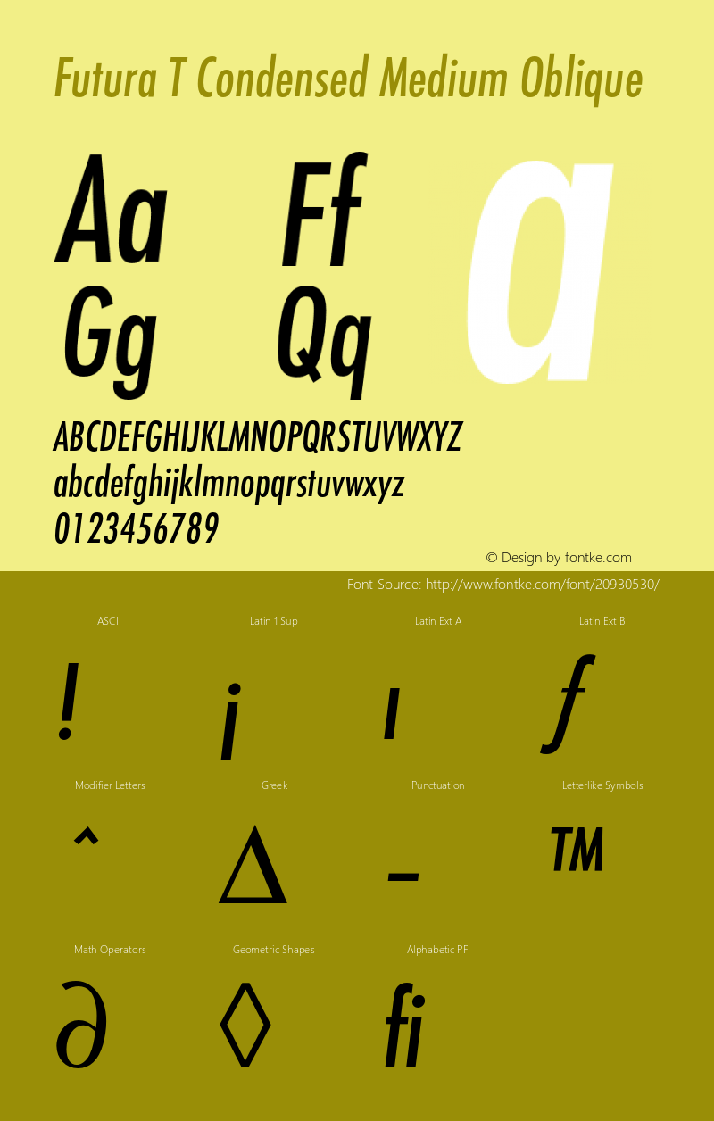 FuturaT-MediumCondensedOblique 001.004 Font Sample