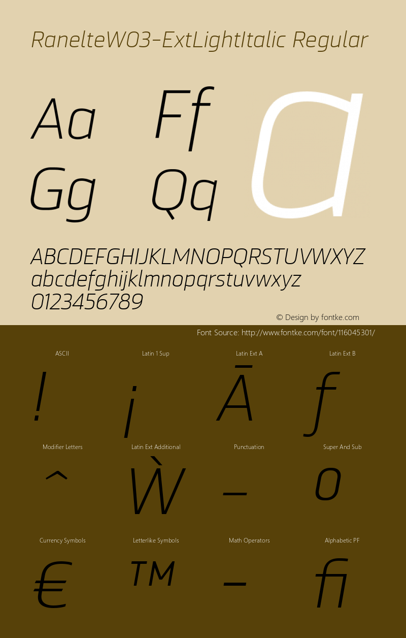 Ranelte W03 Ext Light Italic Version 1.00 Font Sample