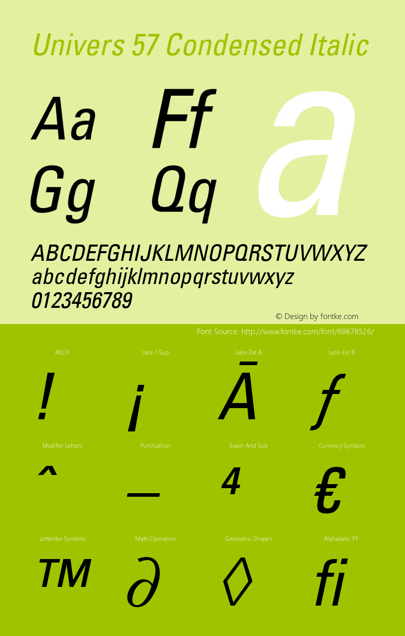 Univers 57 Condensed Italic Version 2.02 Font Sample