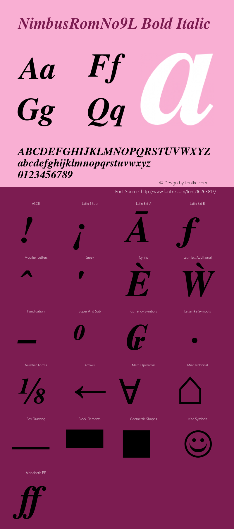 NimbusRomNo9L Bold Italic Version 1.000;PS 1.00;hotconv 1.0.57;makeotf.lib2.0.21895 Font Sample