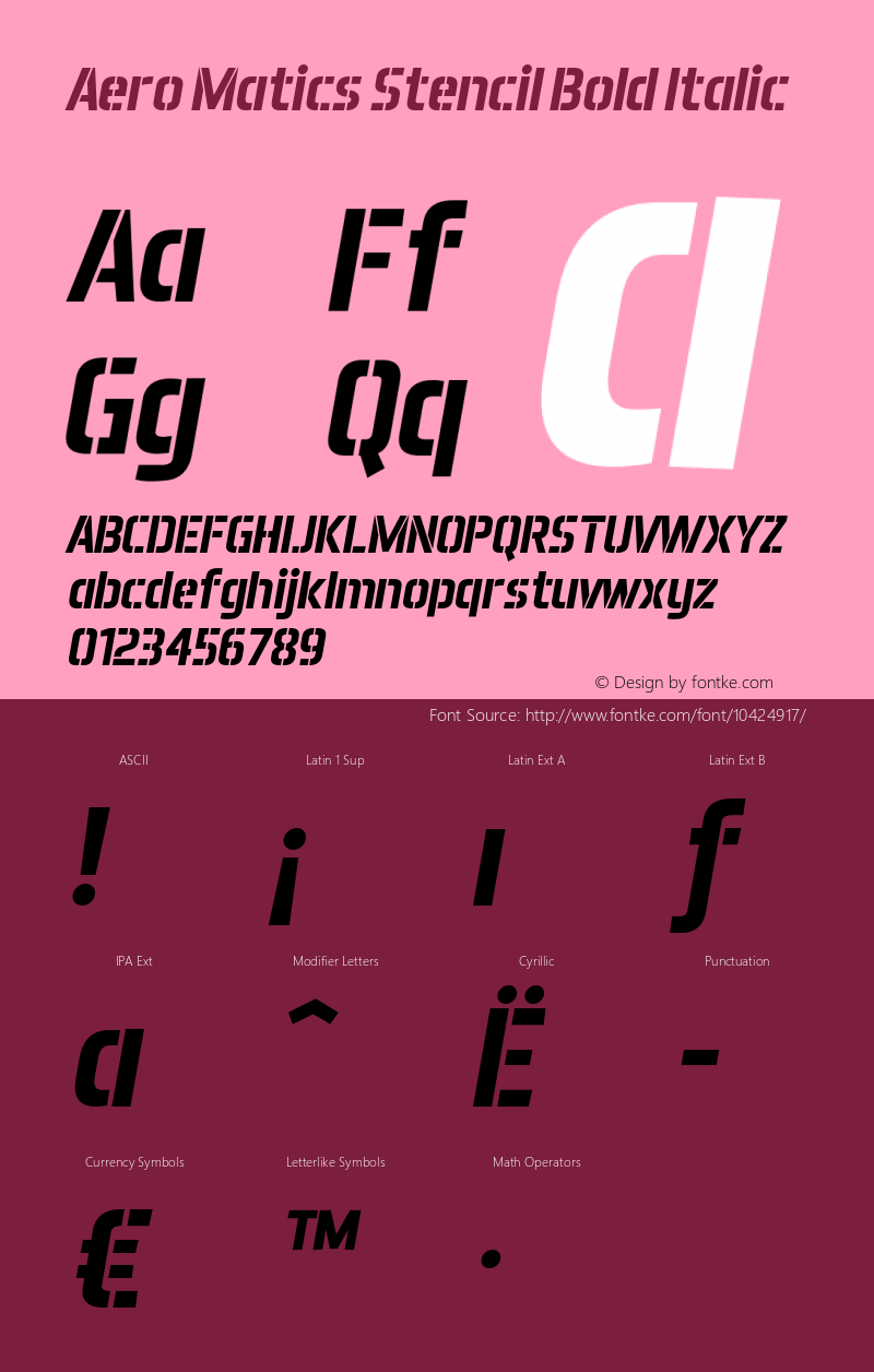 Aero Matics Stencil Bold Italic v1.45 - 2/7/2012 Font Sample