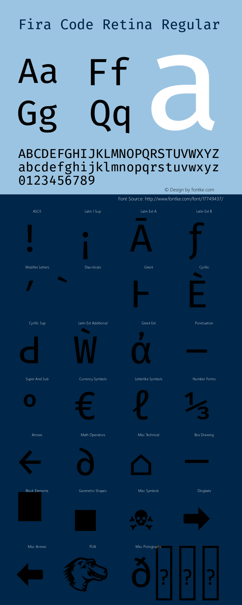 Fira Code Retina Regular Version 1.203;PS 001.203;hotconv 1.0.88;makeotf.lib2.5.64775 Font Sample