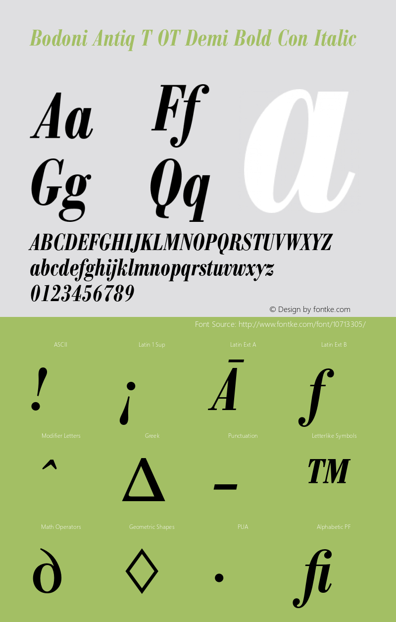 Bodoni Antiq T OT Demi Bold Con Italic OTF 1.001;PS 1.05;Core 1.0.27;makeotf.lib(1.11) Font Sample