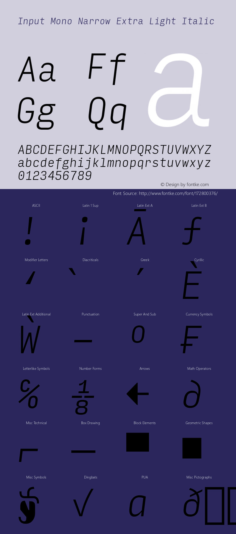 InputMonoNarrow ExLightIta Version 0.000;PS 0.0;hotconv 1.0.72;makeotf.lib2.5.5900; ttfautohint (v0.9)图片样张