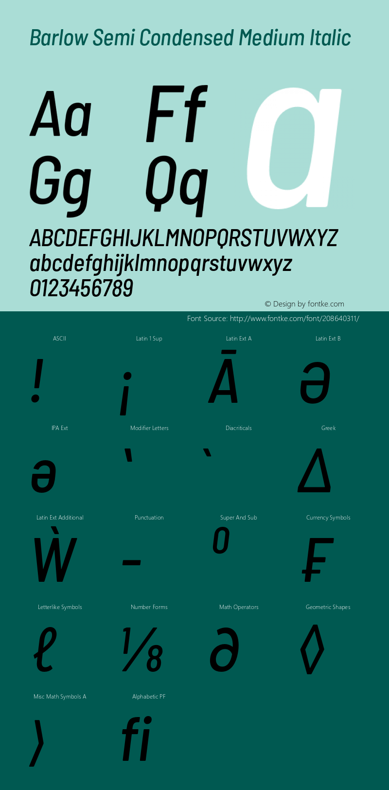 Barlow Semi Condensed Medium Italic Version 1.422;hotconv 1.0.109;makeotfexe 2.5.65596图片样张