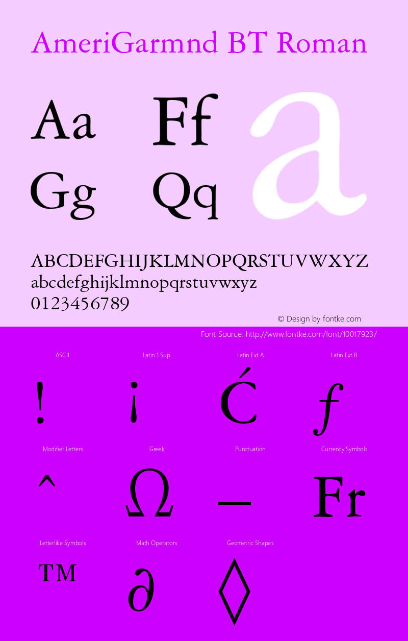 AmeriGarmnd BT Roman mfgpctt-v4.4 Dec 8 1998 Font Sample